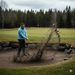 A golfer playing a high bounce wedge from a wet, compacted bunker typical of early spring Canadian golf.