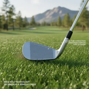 Close-up illustration of a wide-sole iron gliding through thick Canadian fescue to prevent "fat" shots.