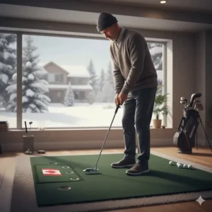 Illustration of a golfer using a blade putter on an indoor putting green during a Canadian winter.