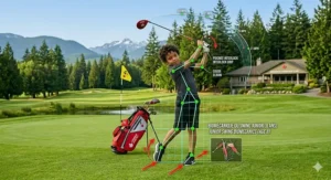 An anatomical illustration of an 8 year old's golf swing mechanics using properly weighted junior golf clubs to prevent injury.