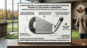 Technical illustration of a high-MOI budget golf club head showing perimeter weighting for Canadian golfers seeking forgiveness on a budget.