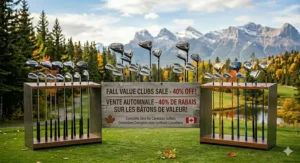 A Canadian golfer using a smartphone to find positive reviews and deals on high-quality value golf clubs.