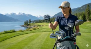 Durable left handed golf clubs leaning against a bag during a crisp autumn golf round in Quebec, showcasing high-performance grips.