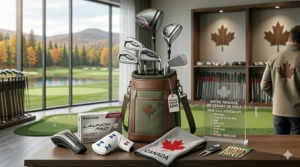 Flat-lay of essential golf gear for Canadian beginners featuring a budget hybrid club and putter set under $200.