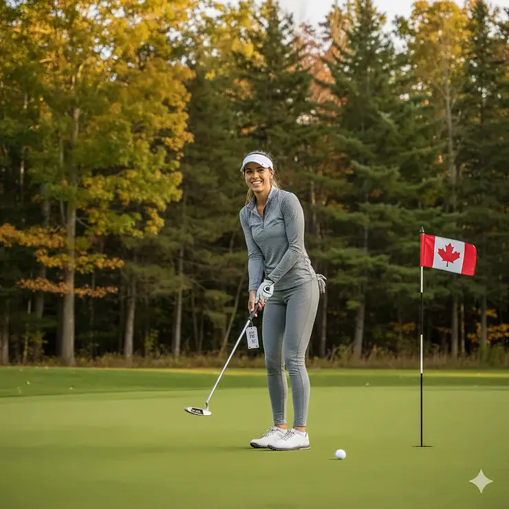 A beginner golfer practicing on a lush green in Ontario with a high-forgiveness mallet putter, highlighting affordable golf gear in Canada under 100 dollars. center shaft putter straight back straight through