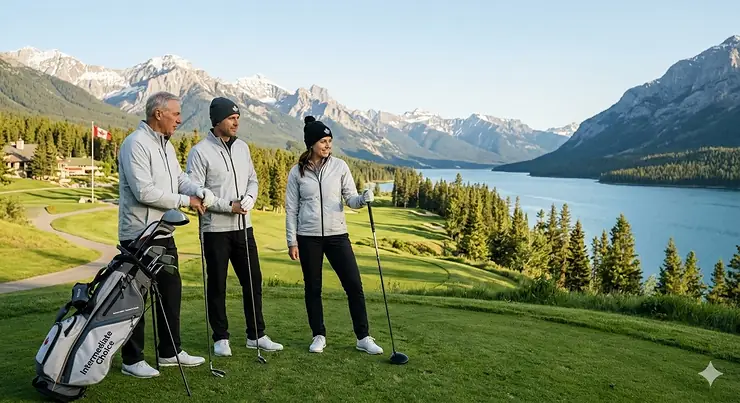 A diverse group of intermediate golfers playing on a scenic Canadian course with mountain vistas, showcasing a premium set of golf clubs. est golf clubs for intermediate players