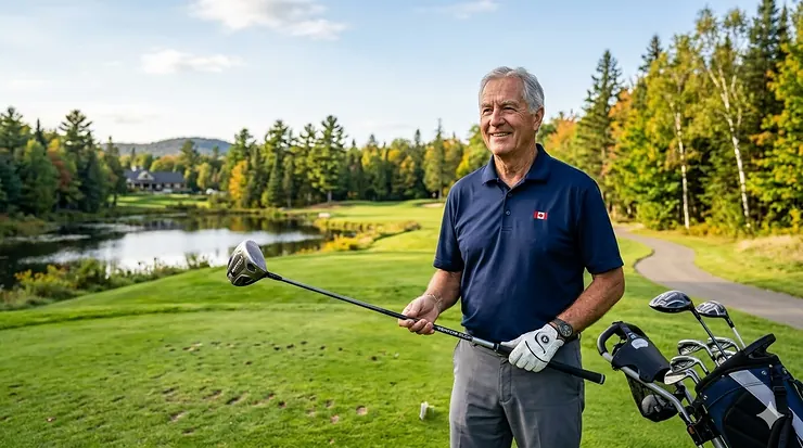 A senior Canadian golfer smiling on a lush fairway in Ontario, holding a lightweight driver optimized for seniors over 60. golf clubs for seniors over 60