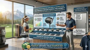 A premium driver display in a Canadian shop with bilingual English and French signage, highlighting top-tier gear for local players.