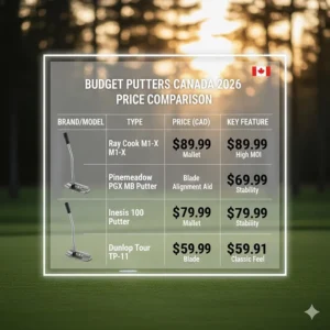 2026 price comparison table of affordable putters from brands like Ray Cook and Pinemeadow, all priced under 100 CAD in Canada.
