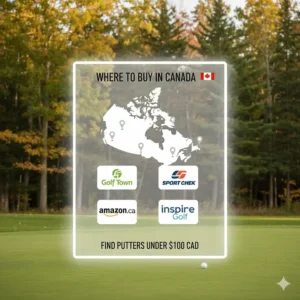 Icons of major Canadian golf retailers and online shops where beginners can find putters for under 100 dollars.