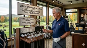 Illustration of a Canadian pro shop display featuring senior golf clubs with bilingual English and French signage (Bâtons de golf pour seniors).