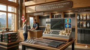 Illustration of a club-fitting session in a Canadian pro shop featuring bilingual English and French signage.