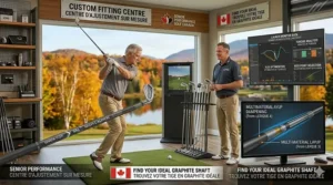 Graphic showing a senior golfer gaining clubhead speed and yardage by upgrading to high-performance graphite iron shafts.