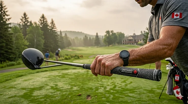 Close-up illustration of moisture-wicking cord golf grips, essential for humid Ontario summers.