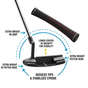 Diagram of a counterbalanced putter showing extra weight in the grip and head to stabilize a golfer's stroke and reduce yips.