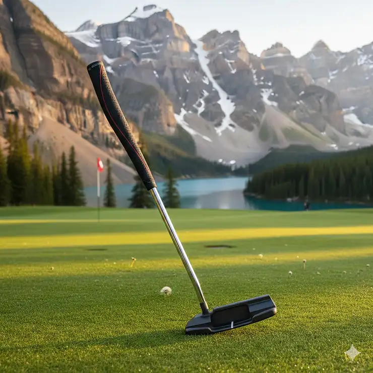 A professional counterbalanced putter leaning against a golf bag on a scenic Canadian course, showing the extended grip designed to cure putting yips. counterbalanced putters for yips