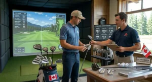 An indoor golf simulator in Canada showing data analysis for a custom-fitted set of left handed golf clubs to improve swing speed.
