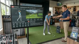 Infographic showing real-time swing analysis and clubhead path data used by professionals in a high-quality golf club fitting guide.