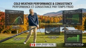 Illustration of a Canadian golf professional fitting a senior player for graphite iron shafts using launch monitor data.