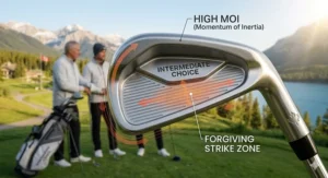 Technical diagram of a cavity-back iron showing high MOI, ideal for intermediate players at Canadian golf clubs.