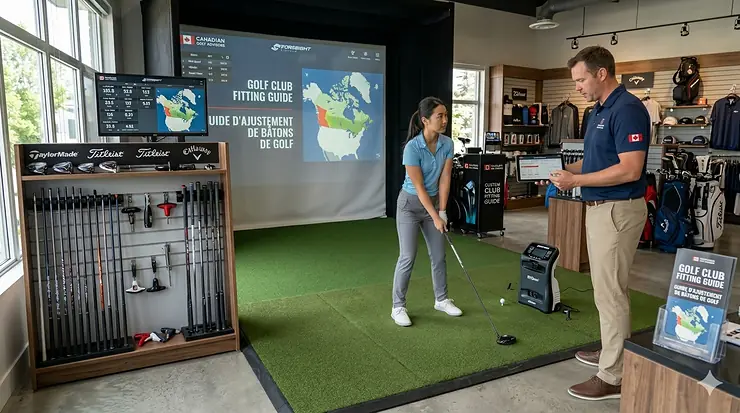 A professional golf club fitting session at an indoor Canadian facility with a launch monitor displaying data, emphasizing a personalized golf club fitting guide for local players.