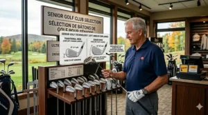 Technical drawing showing increased loft angles on woods and irons to help golfers over 60 achieve better distance.