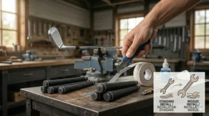 Technical diagram showing how standard vs midsize golf grips affect hand tension and ball flight patterns like hooks and slices.