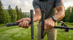 Comparison of heavy texture vs. smooth golf grips for better control during sweaty rounds.