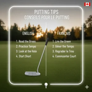 Bilingual English and French graphic showing "Putting Tips / Conseils pour le putting" for beginner golfers in Quebec and across Canada.