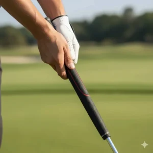 Close-up of a golfer's hands using a counterbalanced putter grip to provide better control for players struggling with the yips in Canada.