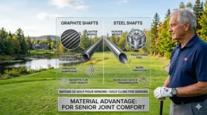 Diagram comparing flexible graphite shafts and heavy steel shafts for older players, highlighting vibration dampening for joint health.