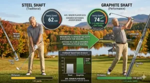 Detailed technical breakdown of 55g to 65g graphite iron shafts for seniors, showing lightweight multi-material carbon fiber layers.