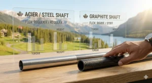 Comparison chart of steel and graphite shaft flexes for intermediate swing speeds, labeled in English and French (Rigide/Régulier).