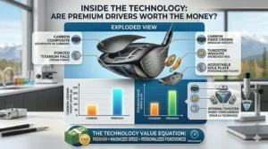 Technical exploded view of a driver's carbon fiber and tungsten components, explaining the engineering that makes premium drivers worth the money.