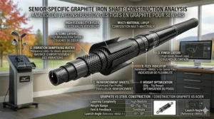 Diagram illustrating the high-launch trajectory achieved with graphite iron shafts for seniors against a Canadian mountain backdrop.