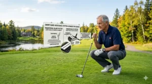 Illustration of a high-contrast mallet putter designed to assist senior players with alignment and visibility on the green.