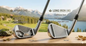 Illustration comparing a hybrid club to a traditional long iron to help mid-handicap players improve their long game.