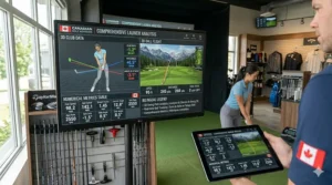 Side-by-side comparison of indoor winter simulator fitting and outdoor turf fitting, an essential seasonal feature of this Canadian golf club fitting guide.
