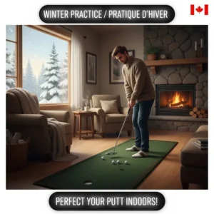 Illustration of an indoor putting mat setup in a Canadian home, perfect for beginners practicing with their new 100 CAD putter during off-season.