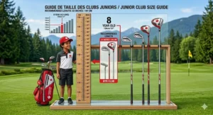 A height-based sizing guide for junior golf clubs for 8 year old kids, showing measurements in centimeters and inches for Canadian parents.