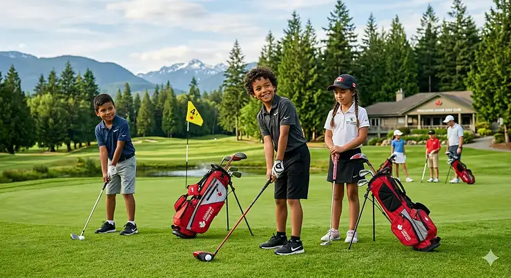 A group of 8 year olds practicing with junior golf clubs at a Canadian golf clinic in Ontario, featuring lightweight sets designed for youth players.