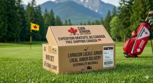 Illustration showing a golf bag with a Canadian flag and "Expédition au Canada" text, highlighting local availability of clubs for 8 year olds.