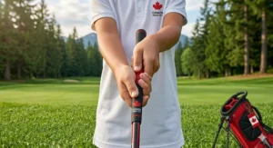 Close-up illustration of a young golfer’s hands showing the correct grip on a junior golf club, ideal for Canadian youth beginner lessons.