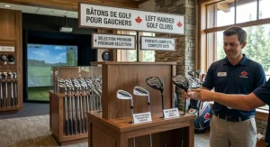 A young Canadian athlete practicing their short game with junior left handed golf clubs at a local community driving range.
