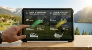 A graphic interface showing ideal ball speed and launch angle stats for an intermediate player using modern game-improvement clubs.