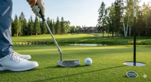 Selection of left handed golf clubs displayed in a Canadian pro shop with bilingual signage in English and French (Bâtons de golf pour gauchers).