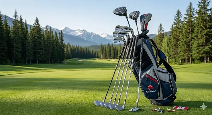 A left-handed golfer teeing off with premium left handed golf clubs at a scenic mountain resort in Alberta, Canada. left handed golf clubs