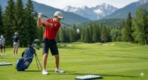 Diagram showing the proper swing plane and stance for using left handed golf clubs, optimized for Canadian golf instructors and students.