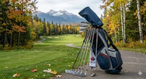 Close-up of a golfer lining up a birdie putt with a precision-milled left handed golf club on a bentgrass green in Ontario.