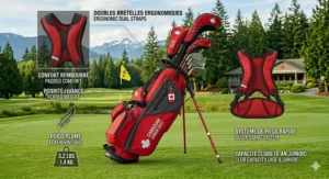 Illustration of a lightweight dual-strap stand bag designed for 8 year olds to carry comfortably across Canadian golf courses.